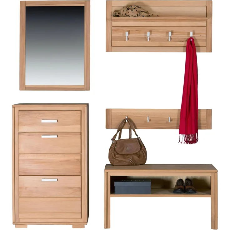 Woodline Garderoben Set Kernbuche Massivholz geölt, 5-teilig, Genf IV Natur 160x40x193 cm