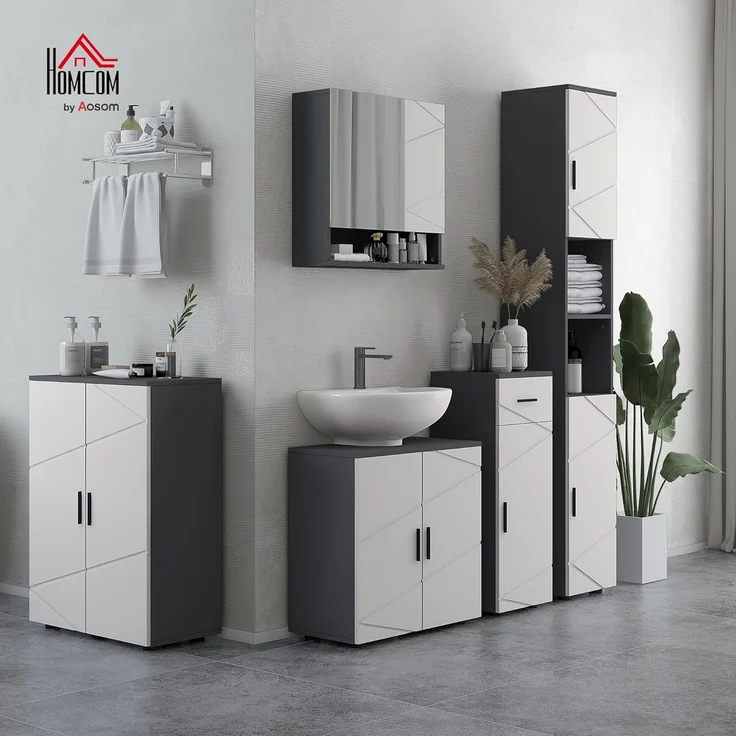 Kleankin Badkommode Badezimmerschrank Beistellschrank mit Doppeltür, Verstellbar Ablagen (Badschrank, 1 St, Aufbewahrungsschrank), für Wohnzimmer 60 x 30 x 82 cm Grau – Bild 2