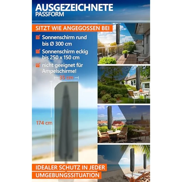 4smile Sonnenschirm Schutzhülle - Schutzhülle für Sonnenschirm Ø 300 cm / 250x150 cm - Wetterfeste Sonnenschirmhülle, Schirmhülle mit Stab, Reißverschluss, Polyester Abdeckung Sonnenschirm – Bild 6