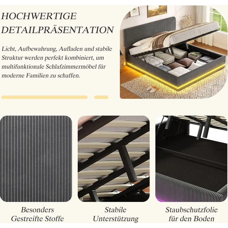 TavilaEcon Boxspringbett Moderne Polsterbetten mit LED-Beleuchtung und USB-C-Ladefunktion grau Liegefläche 180 × 200 cm – Bild 10