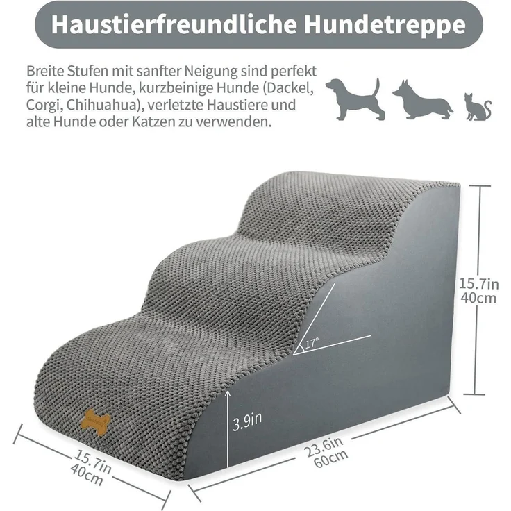 Hundetreppe für Kleine Hunde 3-Stufig Haustiertreppe Sofa Hochdichter Schwamm – Bild 2