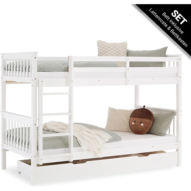 Kinderbett 90x200 mit Stauraum Etagenbett Holzbett Weiß Jugendbett Doppelstockbett Rausfallschutz Stockbett Umbaubar – Bild 1