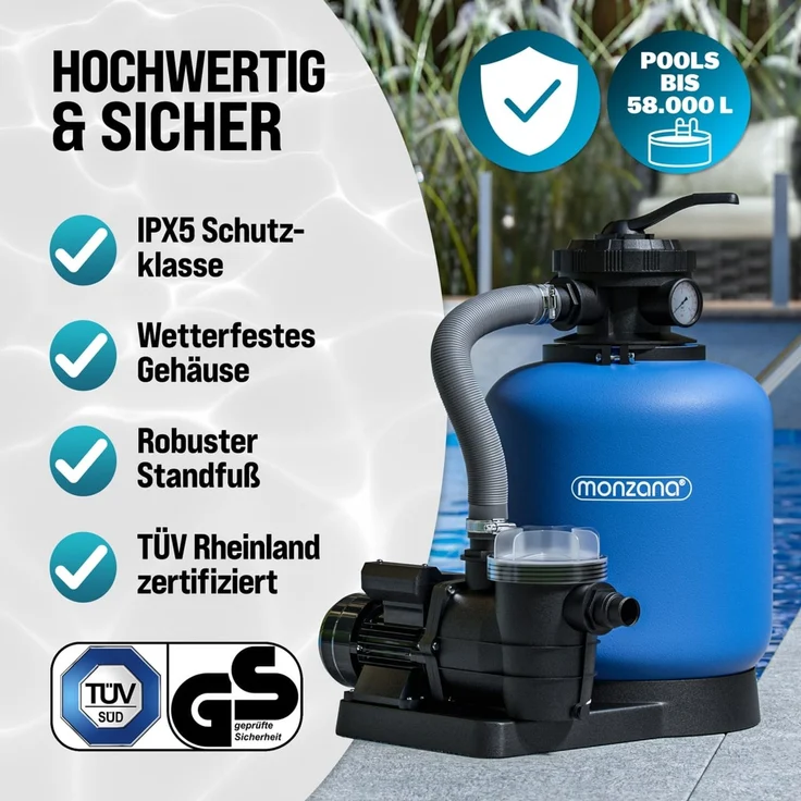 MONZANA® Sandfilteranlage SF110K, 13.200L/h bis 58.000L Pool, inkl Filterballs, 7 Wege Ventil, 2in1 Adapter, Ø32-38mm, 600W Filteranlage Pumpe Filterkessel – Bild 4