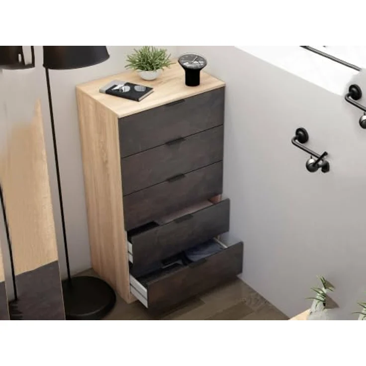 Dmora - Mesquite-Kommode, Kommode mit 5 Schubladen, Kommode für das Schlafzimmer, moderne Kommode, 60x40h110 cm, Eiche und Anthrazit – Bild 8