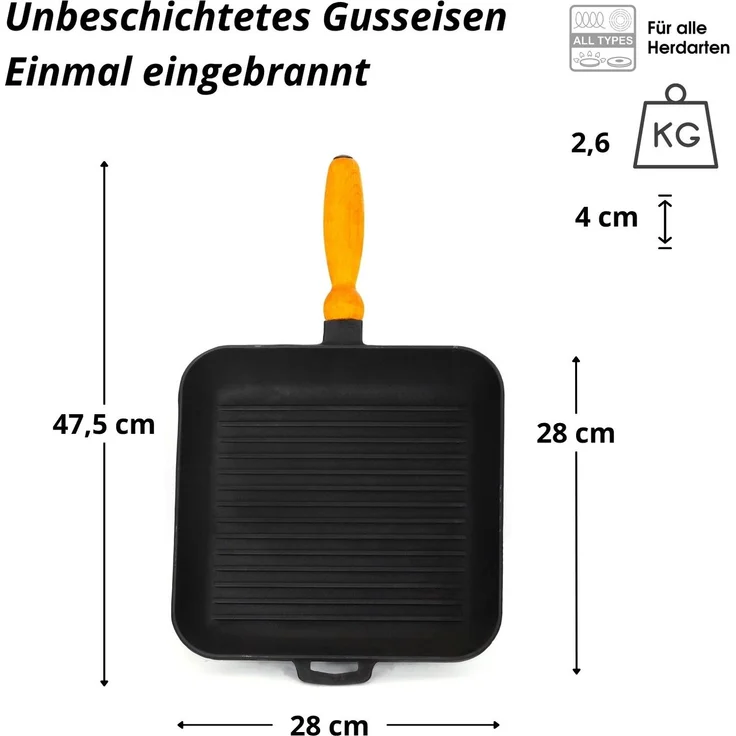 Gusseisen Grillpfanne 28x28 cm mit abnehmbarem Holzgriff – Grillstreifen-Effekt für Induktion & Backofen Steakpfanne Bratpfanne – Bild 3