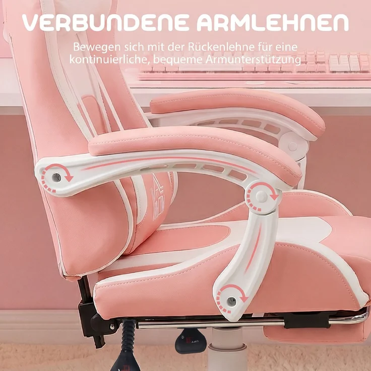 HOMCOM Gaming Stuhl, Kunstleder, Rosa, 65L x 62B x 116-124H cm – Bild 7