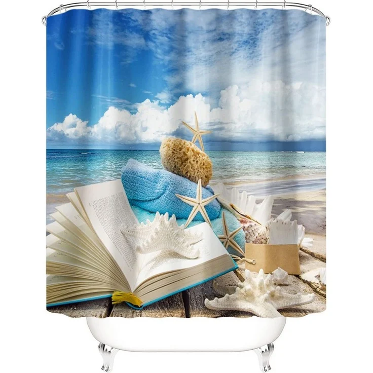M&W DAS DESIGN Duschvorhang 180x200 Shower curtains Anti schimmel Waschbar Meer Strand und Bücher – Bild 3