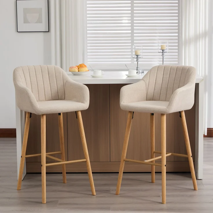 LVHOM Barhocker 2er Set, Barstühle mit Rückenlehnen und Armlehnen, Tresenhocker mit Holzbeinen, Tresenstuhl Stoff, Beige – Bild 7