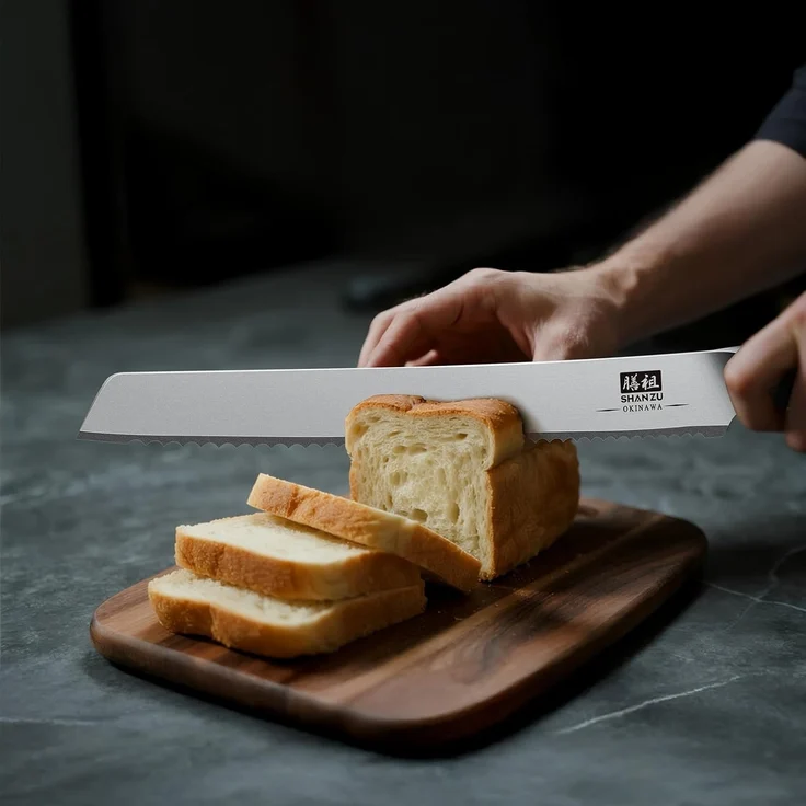SHAN ZU Brotmesser 25cm, Japanischer Sägezahnmesser für Brot & Kuchen, Brotschneidemesser mit 10CR15Mov Hoher Kohlenstoff Edelstahl -Scharfe & Ergonomischem Pakkawood Griff - Okinawa -Serie – Bild 8
