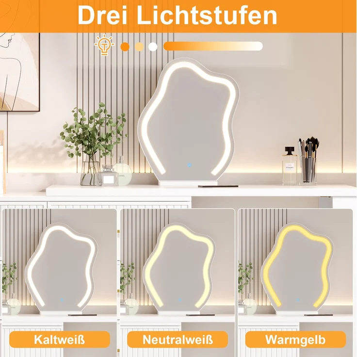 Schminktisch 110x40x129 cm, drehbar, mit LED-Spiegel und 6 Schubladen – Weiß und Goldfarben – Bild 8
