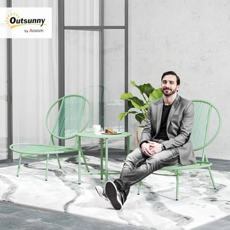 Outsunny Balkonset mit Bistrotisch, ergonomische muschelförmige Gartenstühlen, (3-teilig Gartenmöbel-Set, 3-tlg, Bistro-Set aus Stahl), für den Außenbereich, Balkon, Grün – Bild 2