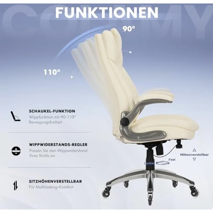 COLAMY Chefsessel aus Atmungsaktivem Leder – Ergonomischer Bürostuhl, Schreibtischstuhl，Bürostuhl Ergonomisch, Flip-up-Armlehnen& Leisen Rollen für Homeoffice und Büro, Elfenbein – Bild 5