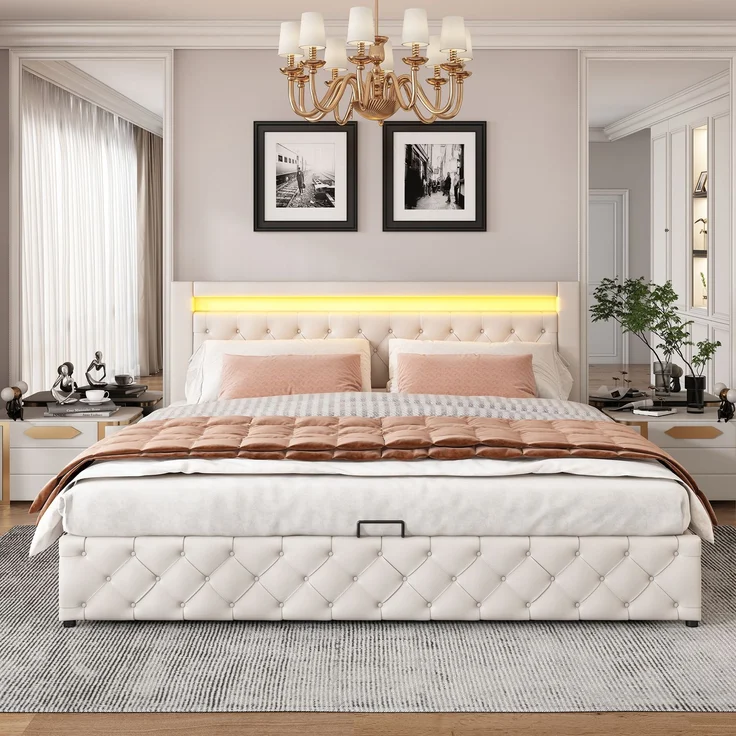 Polsterbett in Weiß 207*182*99cm , mit LED Beleuchtung und Bettkasten, modernes Bettgestell – Bild 4
