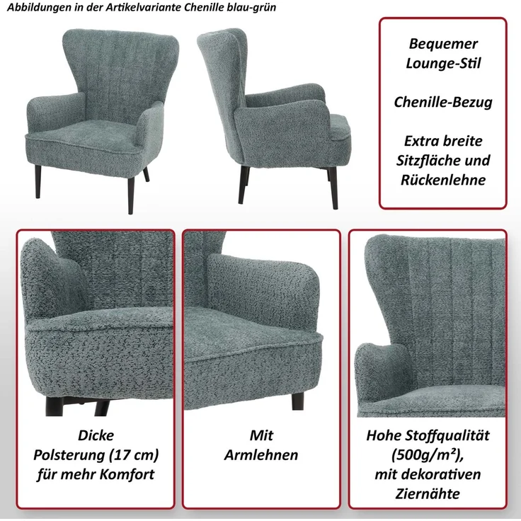 Lounge-Sessel HWC-K37, Cocktail-/Ohrensessel Polsterstuhl Retro Vintage Stoff Chenille (500g/m²) ~ creme-beige – Bild 2