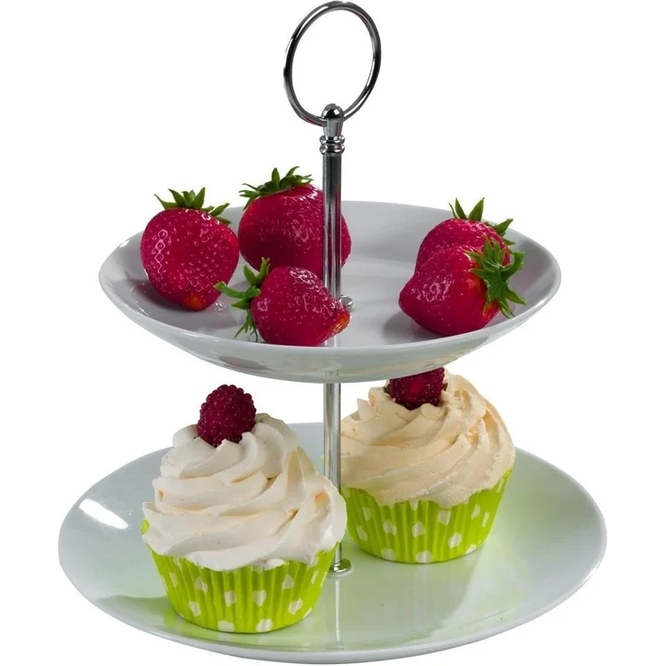 Home4You Etagere, Ø 21 x H 23 cm, Weiß, 2-stöckig, Metallgriff, Porzellan, für Desserts, Obst, Kuchen, Süßigkeiten – Bild 5