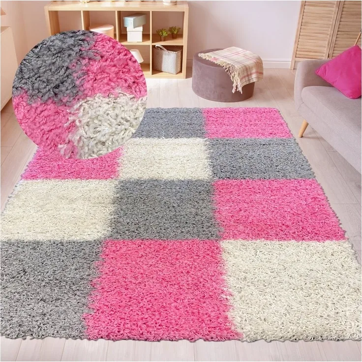 Carpetia Teppich Shaggy Teppich Hochflor Wohnzimmer Karomuster rosa grau creme, rechteckig, Höhe: 30 mm