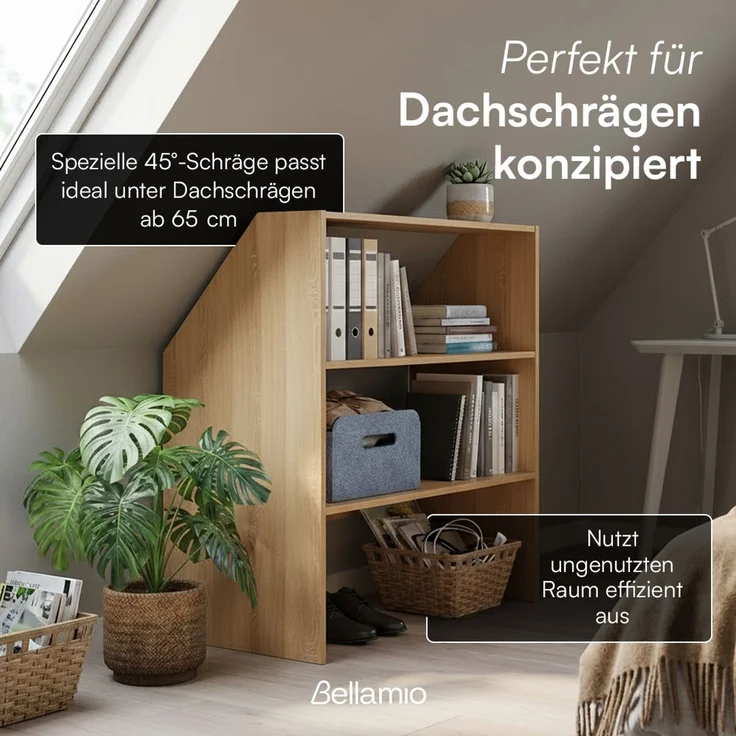Bellamio 'Aland' Dachschrägenregal, Eichenoptik, 100x50x90 cm, Regal für Dachschräge mit 3 Fächern – Bild 2