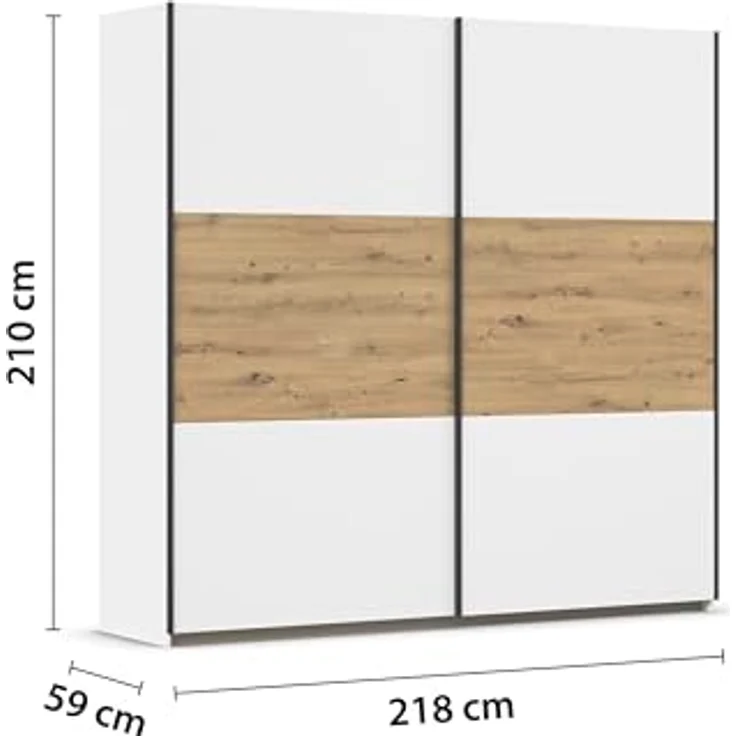 Rauch Möbel Neo, Schwebetürenschrank, Kleiderschrank, Kleiderschränke, Garderobe, Schrank mit Stauraum, 2-türig, Farbe Weiß/Eiche Artisan, 218 x 210 x 59 cm – Bild 4