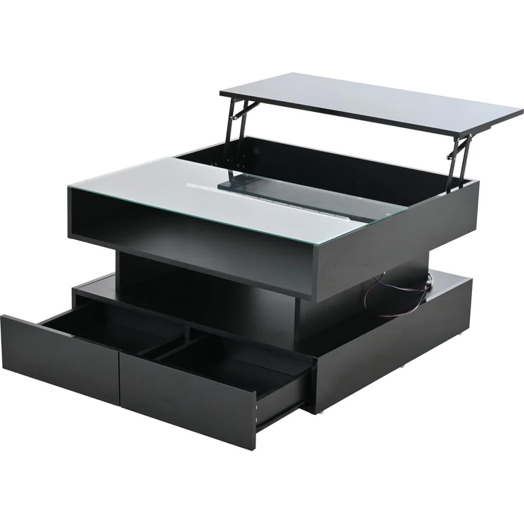 Couchtisch mit hydraulischer Hubfunktion und LED-Beleuchtung, Hochglanz Oberfläche, 2 Schubladen & gehärtetem Glas,Schwarz – Bild 10