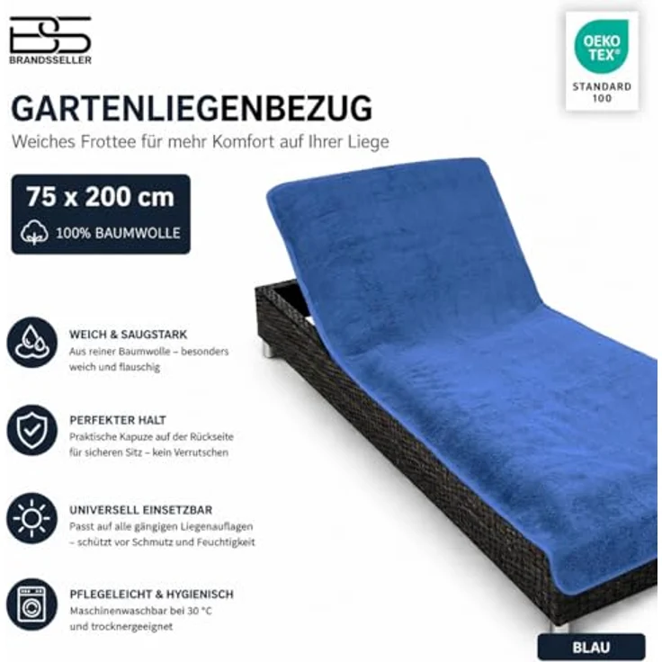 Brandsseller Schonbezug für Gartenliege, Strandliegenauflage, Frottee Schonbezug, 100% Baumwolle - ca. 75x200 cm - Blau – Bild 6