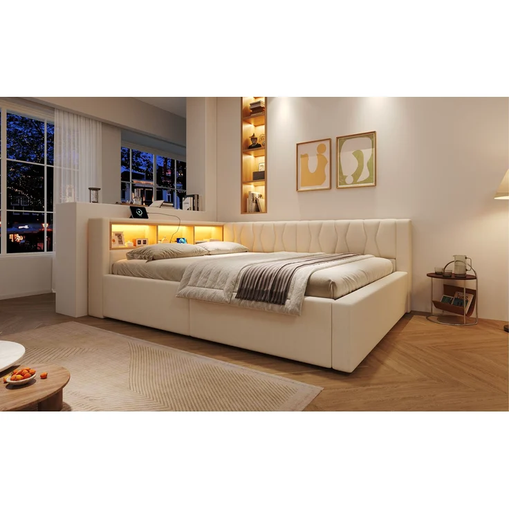 TavilaEcon Daybett Schlafsofa, Tagesbett mit dimmbarer LED-Leiste & USB-Anschluss beige Liegefläche 140 × 200 cm – Bild 6