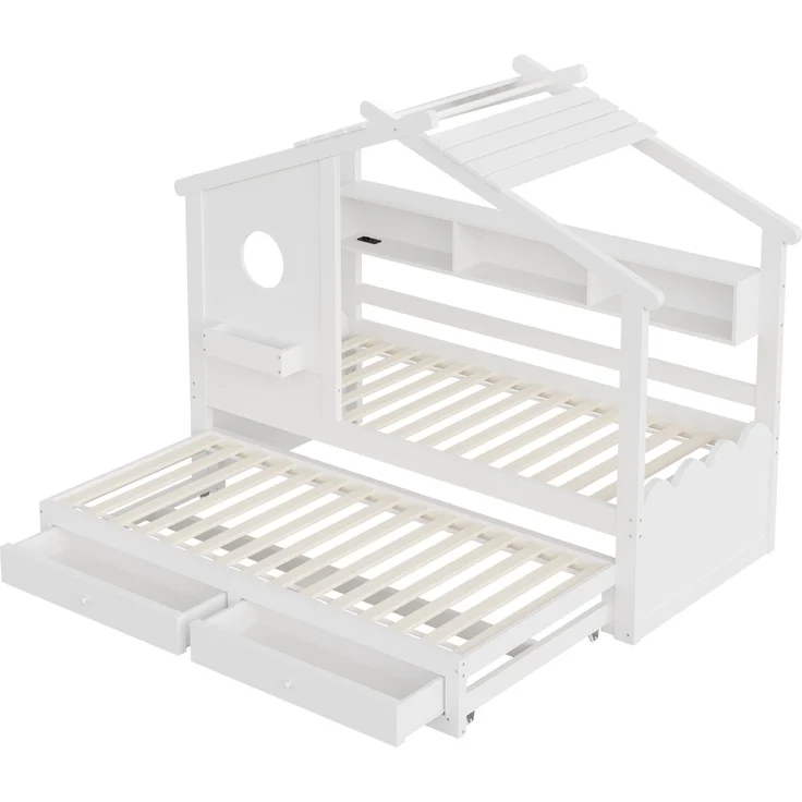 Merax Kinderbett, Jugendbett, 90x200cm, mit Ausziehbett 90x190cm, mit 2 Schubladen, mit USB- und Typ-C-Ladeanschlüssen und LED, mit Einlegeböden, Weiß – Bild 9