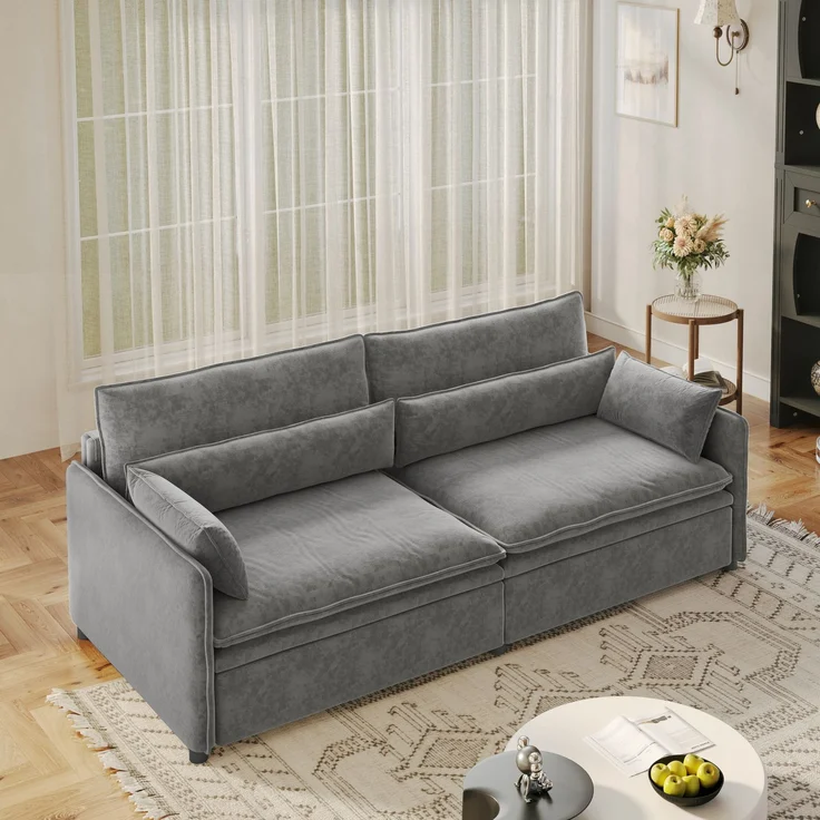 EINHOM 206 cm 3-Sitzer Chenille-Wolken-Sofa, 3-in-1 ausziehbares Schlafsofa mit Staufach, verstellbarer Rückenlehne, 2 beweglichen Armlehnkissen, geeignet für Wohnzimmer, Apartment, Schlafzimmer, hellgrau – Bild 4