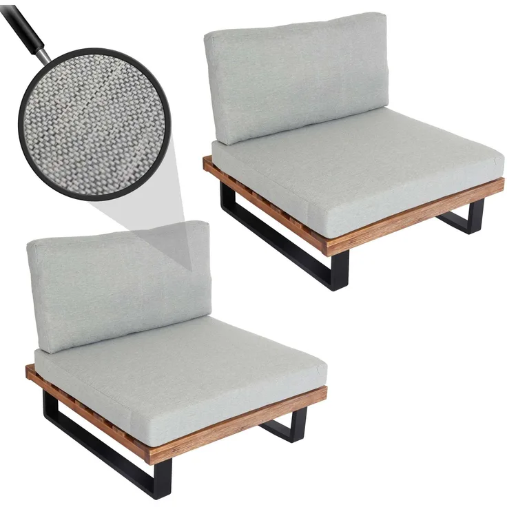 2er-Set Lounge-Sessel HWC-H54, Garten-Sessel, Spun Poly Akazie Holz FSC-zertifiziert Alu ~ hellbraun, Polster hellgrau