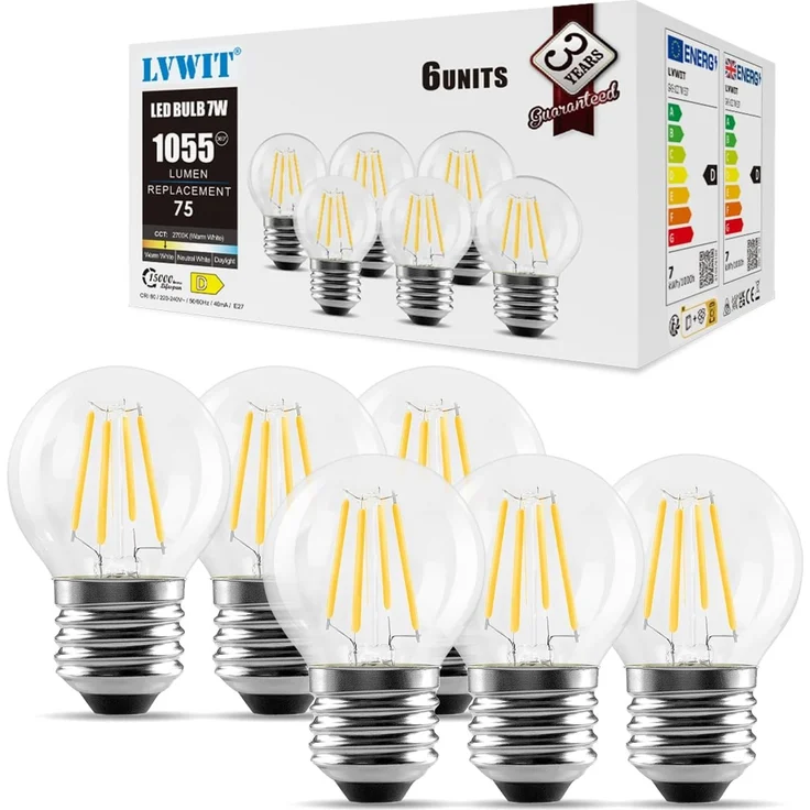 LVWIT 7W E27 Edison Vintage Glühbirne G45, Super Hell 1055LM, 2700K Warmweiß, LED Filament Birne ersetzt 75W Glühlampe, nicht dimmbar, 6er Pack