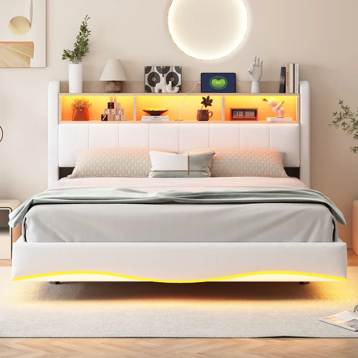 Beiges Schwebebett 160x200 cm Mit LED Beleuchtung Und USB Type C Anschlüssen Doppelbett Mit Stauraum Modernes Design 250 Kg Tragkraft