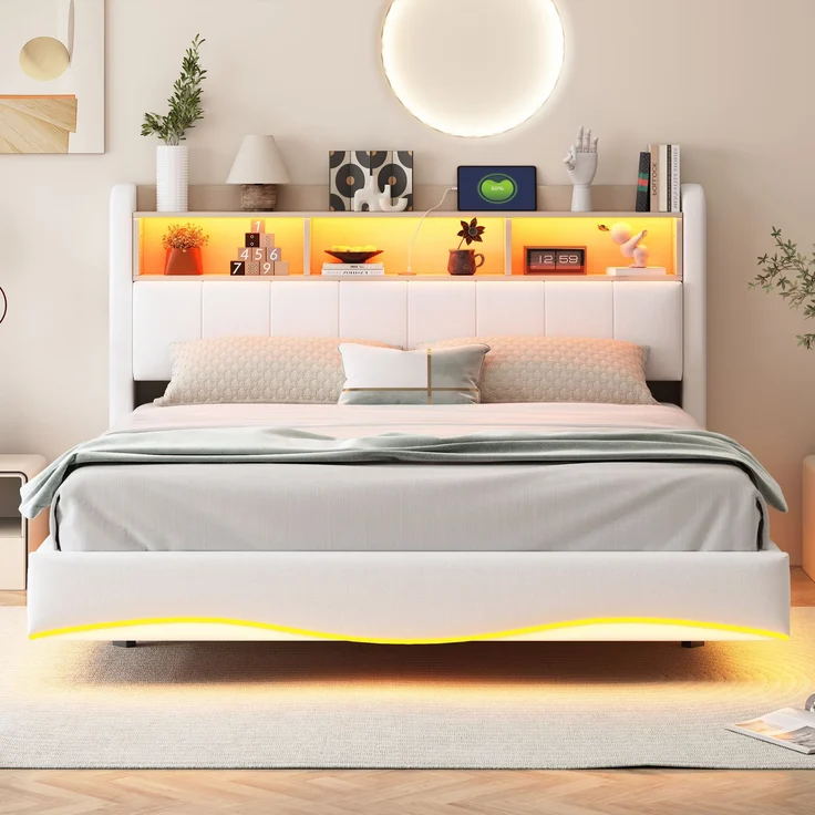Beiges Schwebebett 160x200 cm Mit LED Beleuchtung Und USB Type C Anschlüssen Doppelbett Mit Stauraum Modernes Design 250 Kg Tragkraft – Bild 1