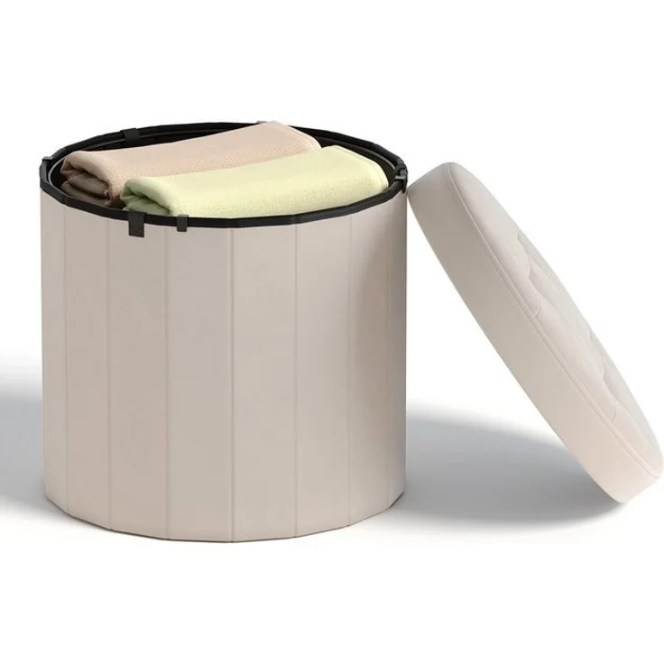 SONGMICS MAZIE Kollektion – Sitzhocker rund, Fußhocker mit Stauraum, faltbarer Hocker mit abnehmbarem Deckel, einfache Montage, Samt, Wohnheim, Schlafzimmer, Wohnzimmer, cappuccinobeige – Bild 4