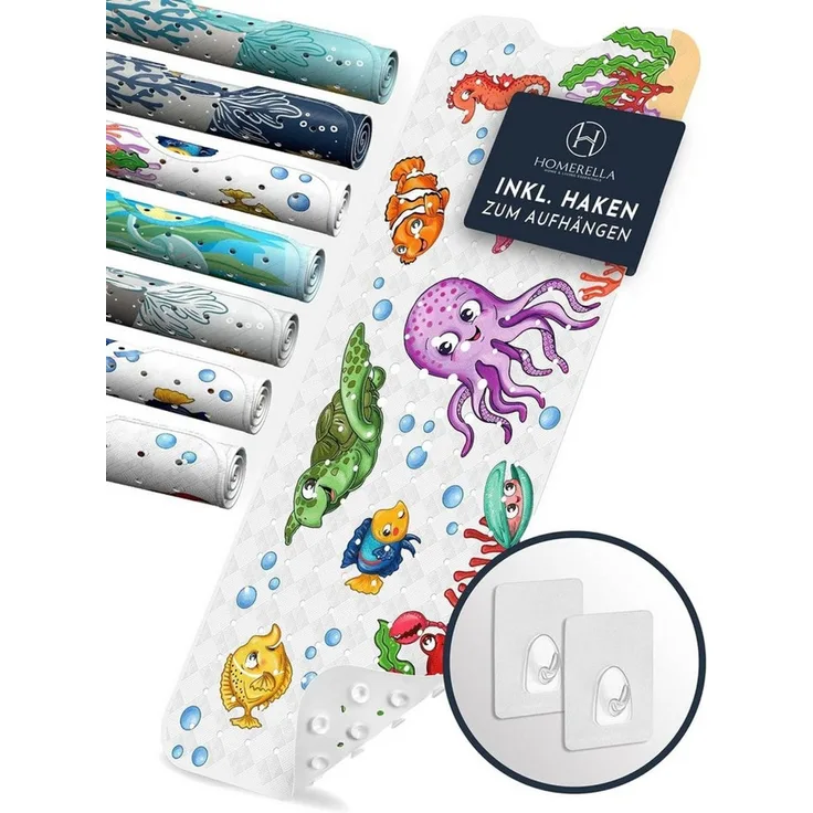 Homerella Badematte rutschfest Kinder - 100% BPA frei Inkl. 2 Haken zum Aufhängen 100x40cm, Antirutschmatte Badewanne Baby hautsensitiv & schimmelresistent, Badewannenmatte rutschfest & waschbar