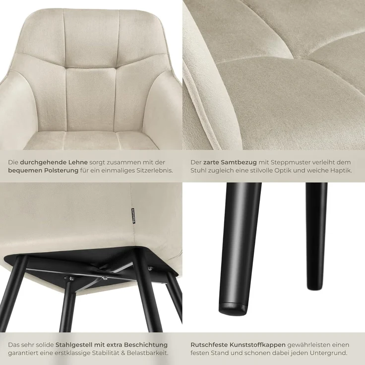 tectake Esszimmerstuhl Marilyn (1er Set, 1 St), gepolstert, in Samtoptik, gesteppt – Bild 7