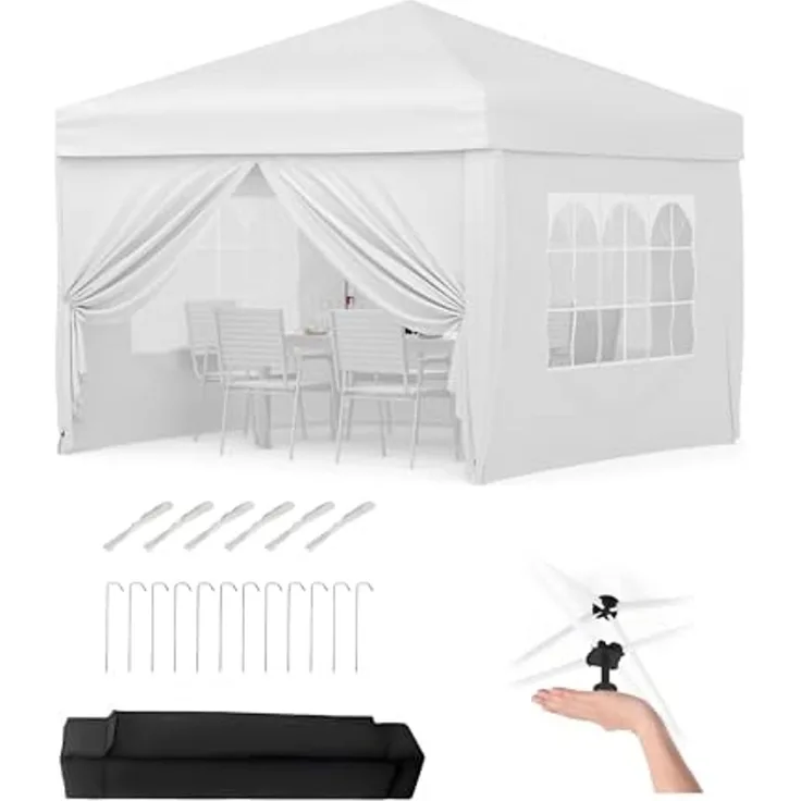 Faltpavillon 3x3 m wasserdicht stabil mit 4 Seitenwänden – Pop up Pavillon faltbar aus 420D Oxford, UV-Schutz 50+, 3-Fach höhenverstellbar, Partyzelt mit Tragetasche für Garten & Outdoor (Weiß)