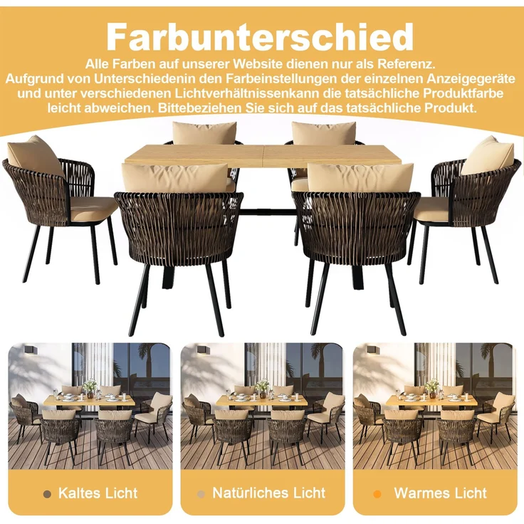 LVHOM Garten-Sitzgruppe für 6 Personen, Gartenmöbel Set inklusive Gartentisch & 6 Rattan-Sessel, Aluminium-Rahmen, Skandinavisches Design – Bild 5