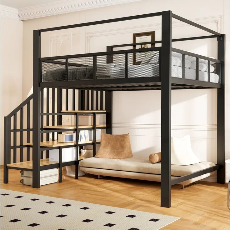 Celya Hochbett Metall Einzel-Hochbett mit Sicherheitsgitter im Netzdesign (ohne Matratze, mit Stauraumstufen fürs Schlafzimmer)