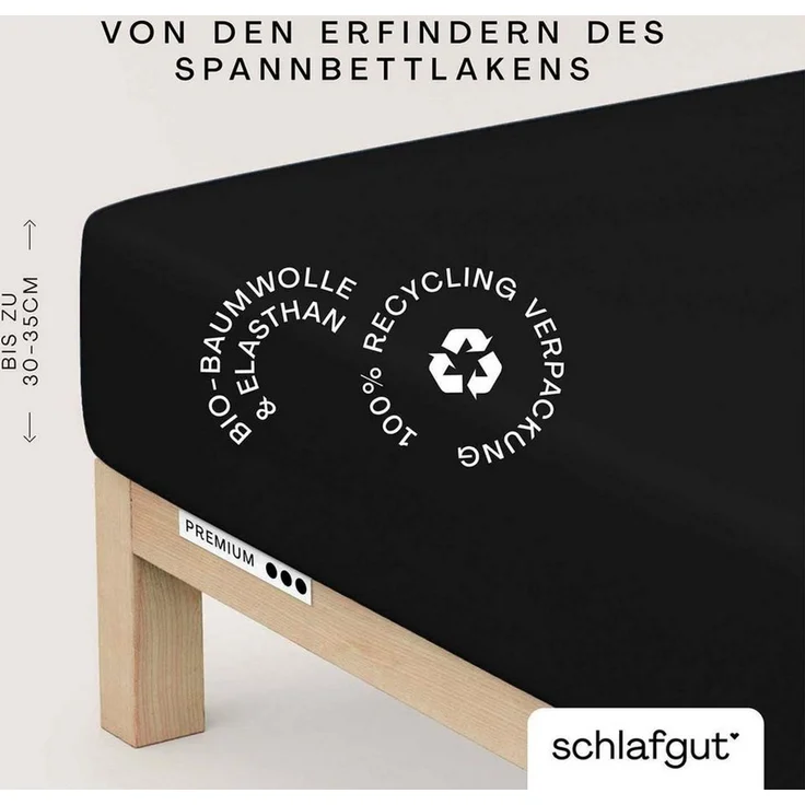 Schlafgut Spannbettlaken PREMIUM Mako-Zwirn-Jersey, 220 g/m², 95% Bio-Baumwolle, 5% Elasthan, Mako-Zwirn-Jersey, Gummizug: rundum, (1 Stück), Bettlaken bis 30 cm Höhe, PREMIUM-Qualität langlebig, perfekter Sitz – Bild 1