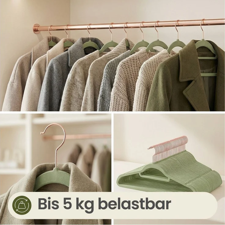 SONGMICS Kleiderbügel Samt, 50er Set, Bügel, rutschfest, kleine Stange für Krawatten, 360° drehbarer Haken, 0,6 cm dick, platzsparend, 43,5 cm lang, für Mäntel, Hosen, Roségold-Hellgrün CRF021GR50 – Bild 4