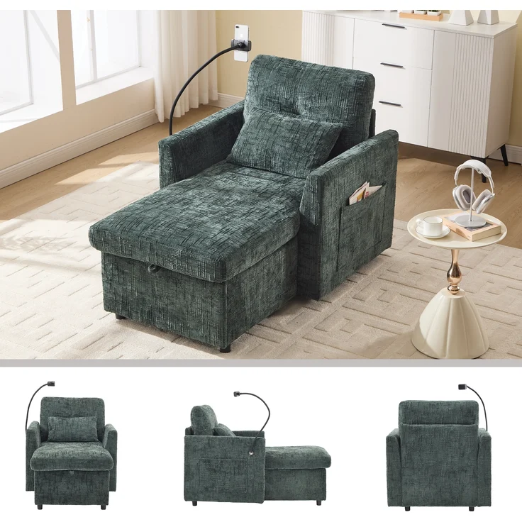 LVHOM Einzelsofa mit Handyhalterung, Polsterliege mit Bettkasten und Seitentaschen, Relaxsessel Schlafsofa mit versteckten Stauraum – Bild 1