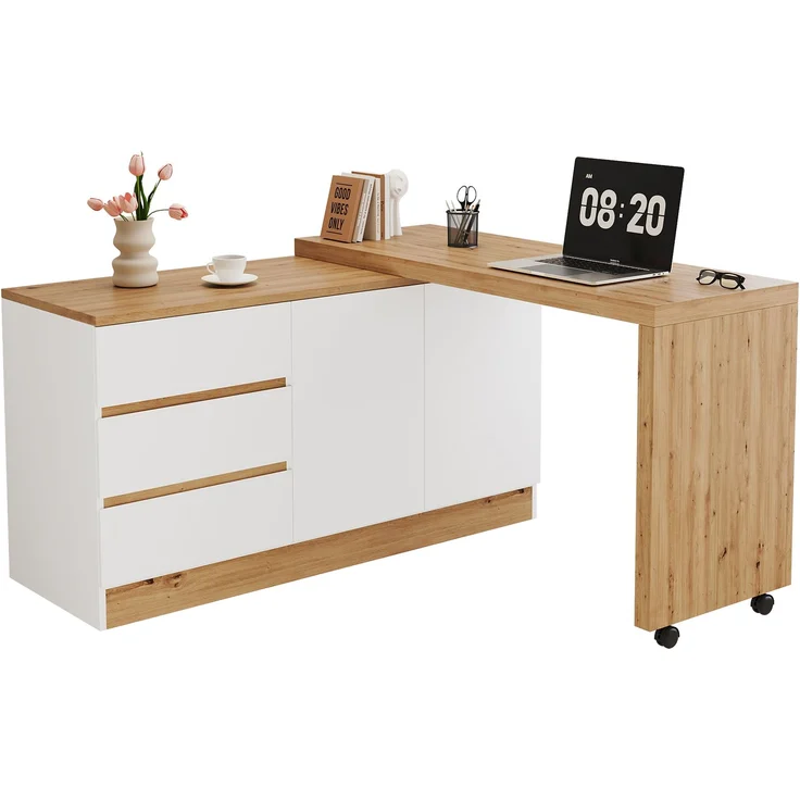 ZUBALIYA Schreibtisch mit feststellbaren Rollen – multifunktionales Design, 4 cm dickere, drehbare Tischplatte, fest arretierbar, weiß/Eiche, Faltbarer Schreibtisch, Eckschreibtisch, Sideboard,Dicke Materialie – Bild 8