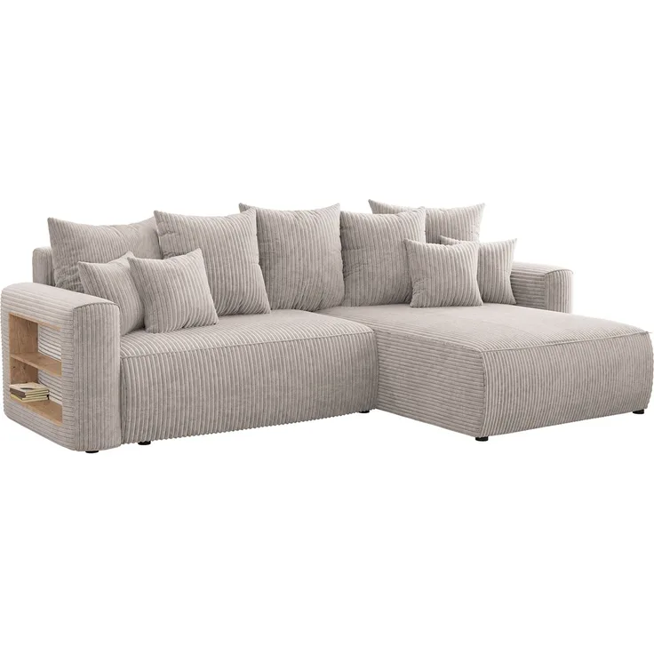 MEBLINI Schlafcouch mit Bettkasten - 260 x 160 x 78 cm - Beige Cordstoff - NAPLES - Kleines Ecksofa mit Schlaffunktion - Sofa mit Relaxfunktion und Kissen - Kleine Couch L-Form - Eckcouch