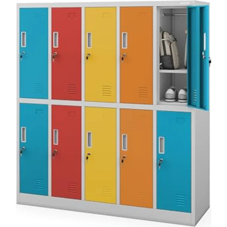 Jan Nowak Schließfachschrank Metall 10 Fächer Schulschrank 150x136x45 cm | Wertfachschrank, Garderobenschrank, Stahlspind abschließbar, pulverbeschichtet, für Schule, Kindergarten, Umkleide