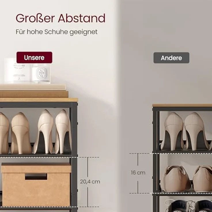 VASAGLE Schuhregal, Schuhablage, 4 Ebenen, große Oberfläche, verstellbare Gitterablagen, platzsparend für Eingangsbereich Flur, Metall, Industrie-Stil, honigbraun-tintenschwarz LBS040K01 – Bild 6