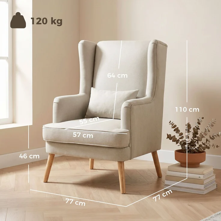 Wohnora-Akzentstuhl, Sessel mit Leinen-Optik, hoher Rückenlehne, breitem Sitz, Lendenkissen, Beige,H 1100cm x T 770cm x B 770cm – Bild 5