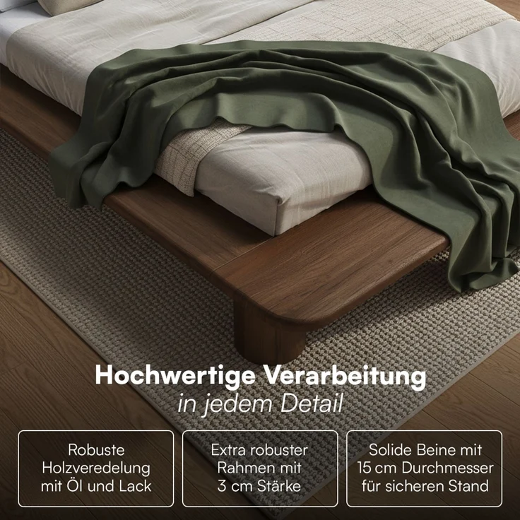 skølm 'Vestri' Futonbett 140x200 cm, Bettgestell aus Eiche Massivholz, Walnuss Optik lackiert, Massivholzbett 25 cm hoch, geeignet als Doppelbett – Bild 5