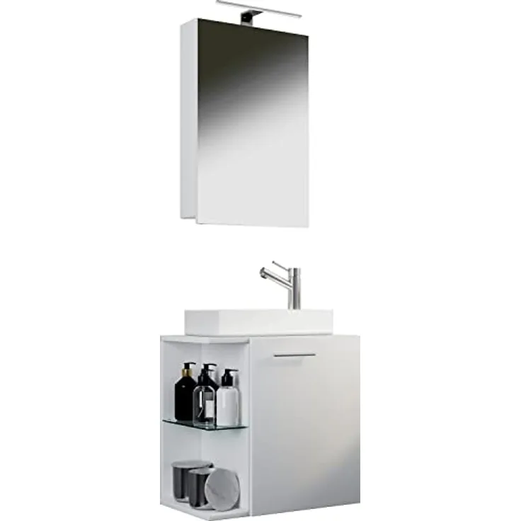 VCM Waschplatz "Hausa", Badmöbelset 3-tlg. für Gäste WC, mit Spiegelschrank, Keramik-Waschbecken, inkl. Glasfächern, Weiß