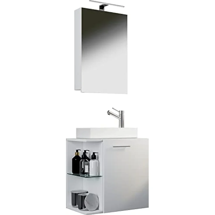 VCM Waschplatz "Hausa", Badmöbelset 3-tlg. für Gäste WC, mit Spiegelschrank, Keramik-Waschbecken, inkl. Glasfächern, Weiß – Bild 1