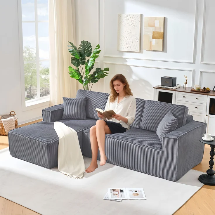 LVHOM L-Form Ecksofa mit Chaiselongue, 3-Sitzer Sofa mit 2 Kissen, Cloud Sofa aus Cordstoff, kein Aufbau erforderlich, Skandinavisches Design, Grau – Bild 10