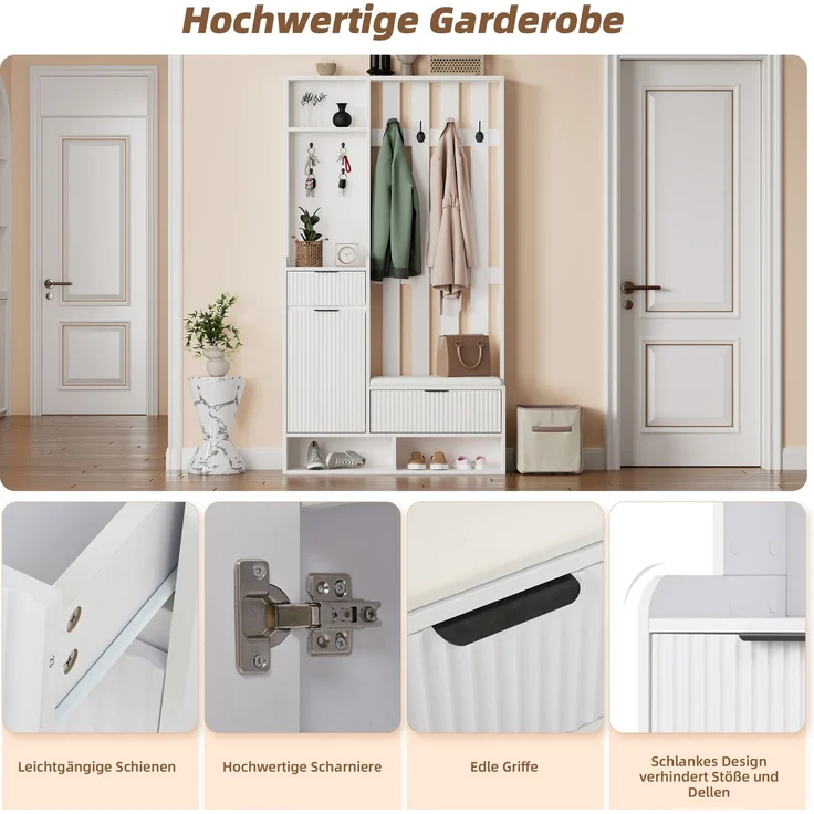 100*30*180cm Garderobenständer 6-in-1, mit 8 Haken, Schuhbank und Ablagen, Kippschutz,Kompaktgarderoben Mit Schubladen und Schränken,100cm breit,Schuhschrank, weiß--Weiß--100x30x180cm--YOUDENOVA – Bild 10